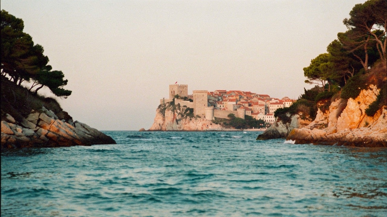 Sea view of the medieval town of Tossa de Mar with its walled castle on a rocky promontory above the Mediterranean, framed by pine cliffs in golden sunset light