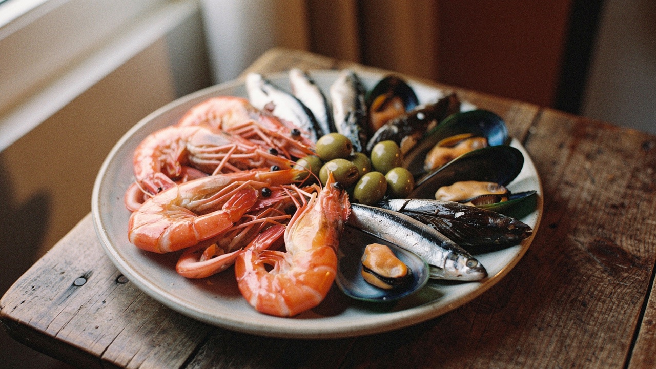 Plato de marisco mediterráneo con gambas rojas, mejillones, sardinas y aceitunas verdes sobre una mesa de madera rústica con luz natural