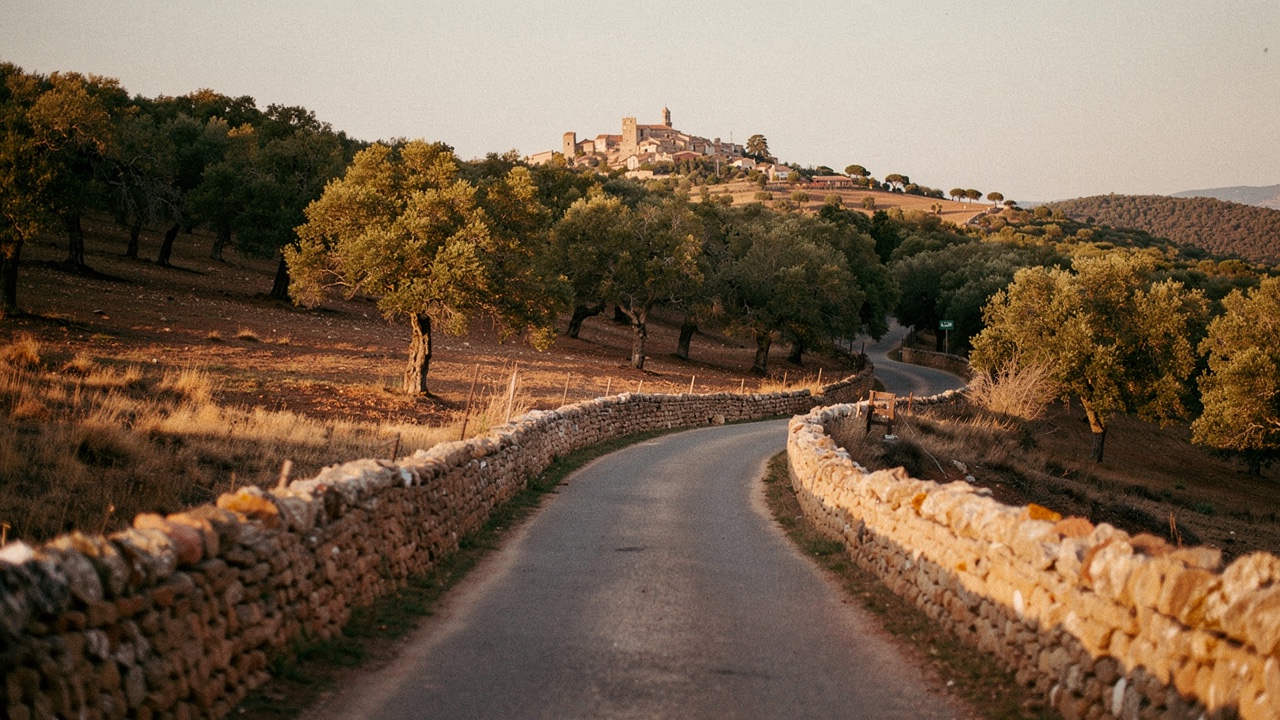 Carretera serpenteante a través del campo catalán con bosques de alcornoques, muros de piedra y un pueblo mediterráneo distante a la luz dorada de la tarde