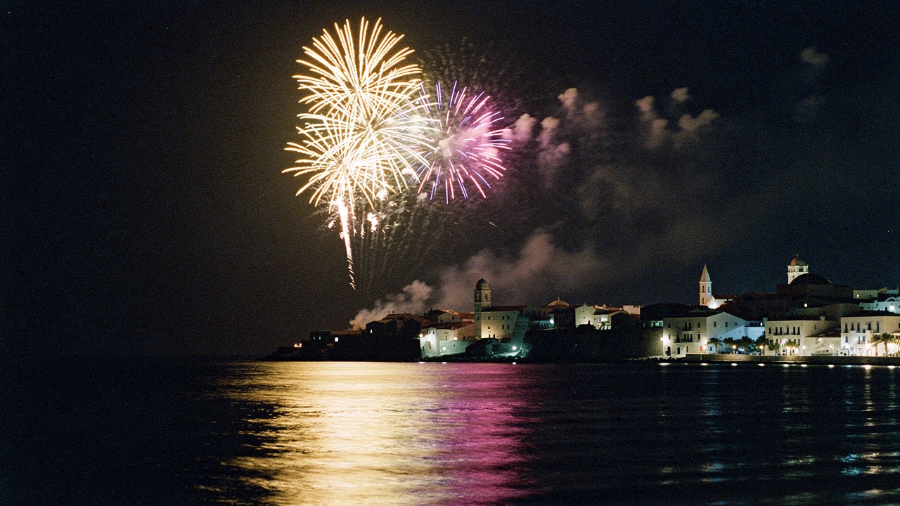 Fireworks exploding over the Mediterranean sea on a warm night with the silhouette of a coastal town in the background, reflections of warm and cool light on calm water