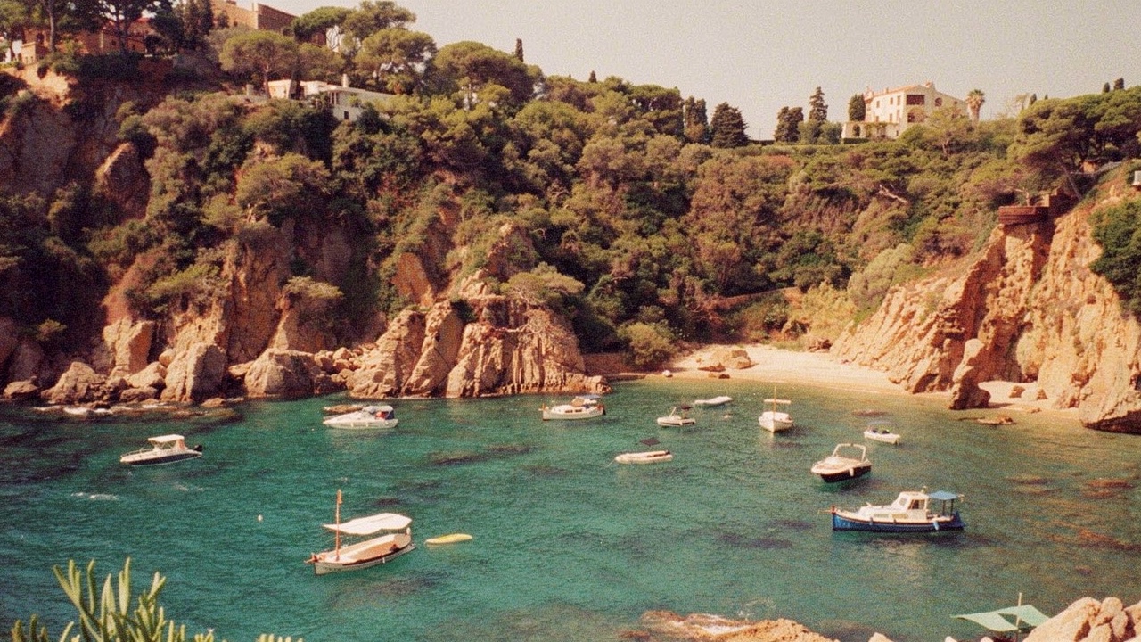 Aerial view of a small Blanes cove with several boats anchored on turquoise water, surrounded by low cliffs with Mediterranean pines