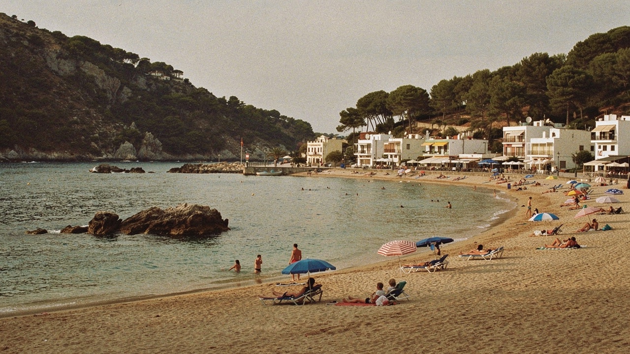 Vue panoramique d'une longue plage de Blanes avec des parasols, la promenade maritime et des bâtiments bas à l'arrière, sous un ciel clair de midi