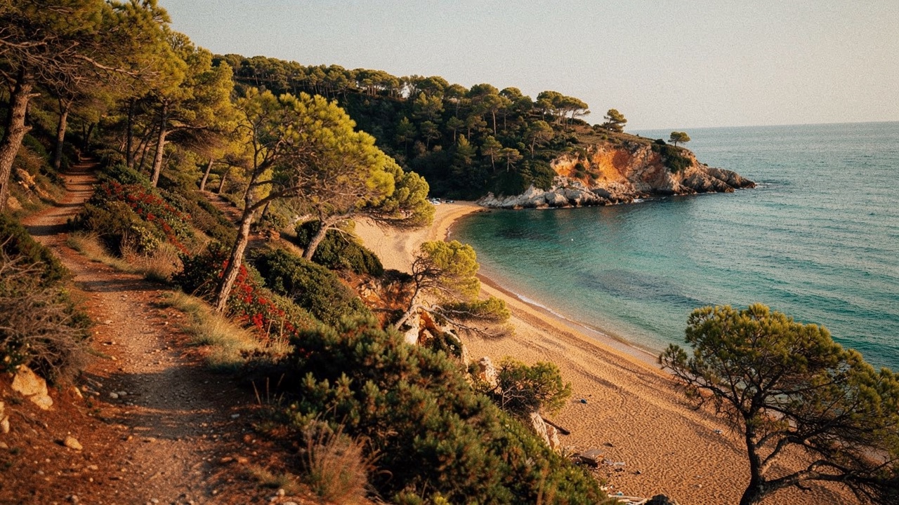 Cala pequeña escondida de Lloret de Mar con un sendero estrecho descendiendo entre pinos densos y arbustos, arena dorada y aguas turquesa transparentes en el fondo