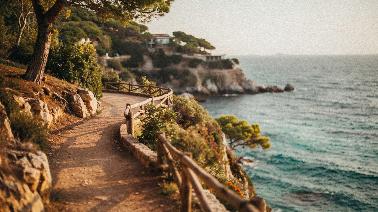 Sendero costero del Camino de Ronda en Lloret de Mar serpenteando por un acantilado con pinos mediterráneos, vista panorámica al mar turquesa y una cala visible abajo a la luz dorada