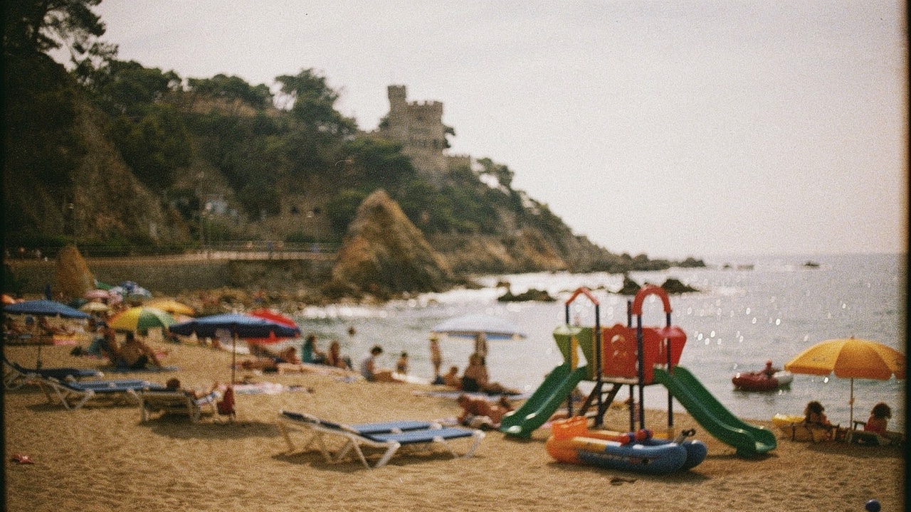Family-friendly Mediterranean beach with colourful parasols, small inflatable boats on golden sand and turquoise sea behind in a relaxed family atmosphere under bright sun