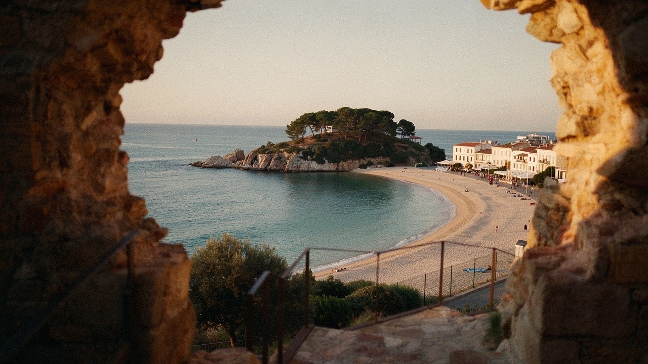 Vista elevada de dos playas mediterráneas adyacentes separadas por un cabo rocoso con pinos, ambas con arena dorada y aguas turquesa, edificios bajos blancos al fondo a la luz cálida del atardecer