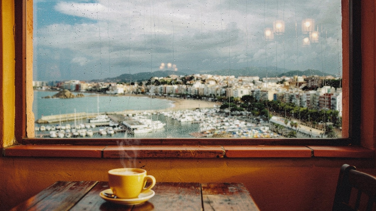 Intérieur cosy d'un café-bar méditerranéen un jour de pluie avec lumière jaune chaude, table en bois avec tasse de café et vue sur la rue pavée mouillée avec reflets à travers la fenêtre