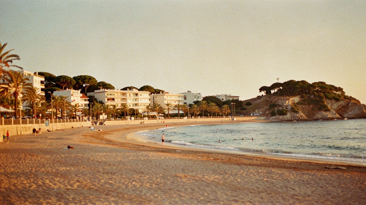 Vista panorámica de una bahía costera de Lloret de Mar con playa larga curva de arena dorada, paseo marítimo con palmeras, edificios bajos blancos y colinas con pinos a ambos lados al atardecer