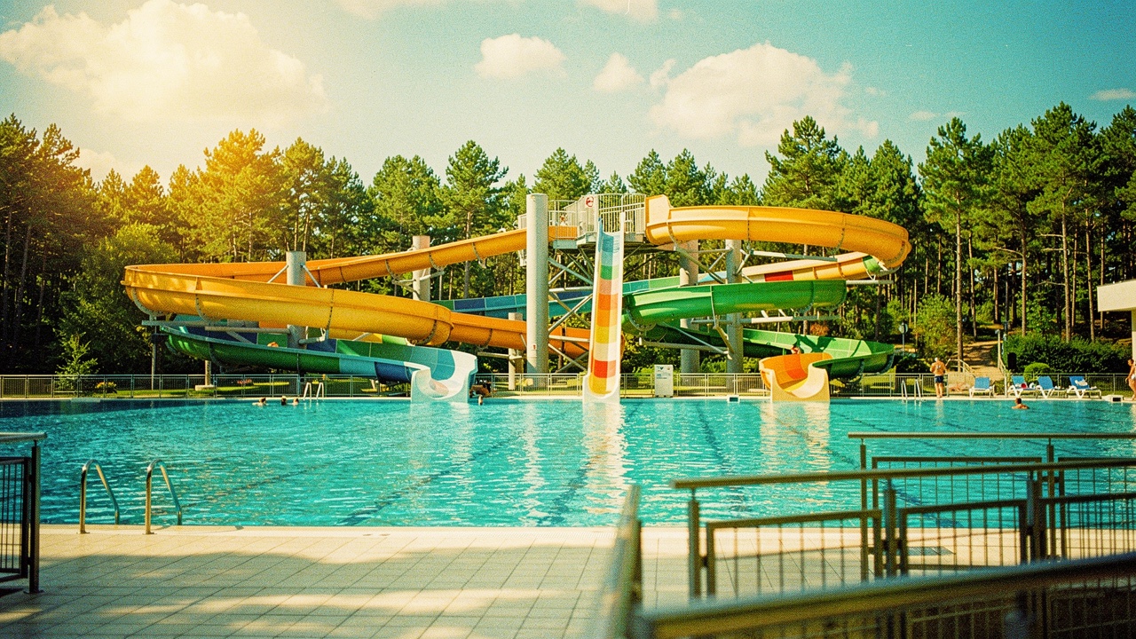 Parque acuático grande al aire libre con toboganes coloridos curvos, piscinas y vegetación frondosa de pinos alrededor en un día soleado de verano con cielo azul